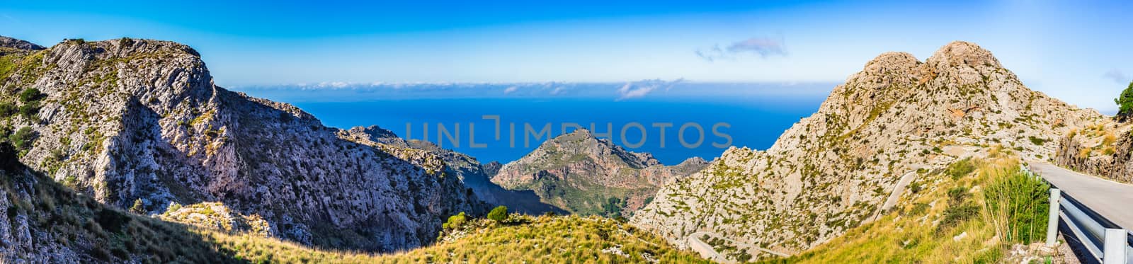 Idyllic view of mountain landscape panorama on Majorca island, Mediterranean Sea Coast Spain