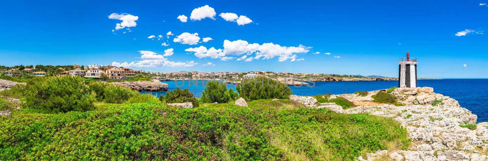 Beautiful coast view with lighthouse in Porto Cristo on Mallorca island, Spain