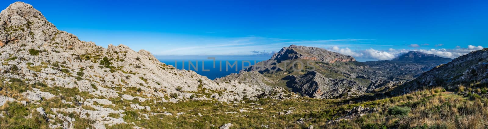 Idyllic panorama mountain landscape view of Serra de Tramuntana on Mallorca island, Spain