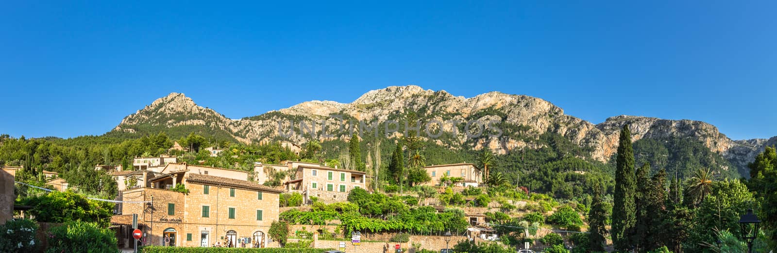 Idyllic mountain panorama landscape of Deia village on Mallorca island, Spain