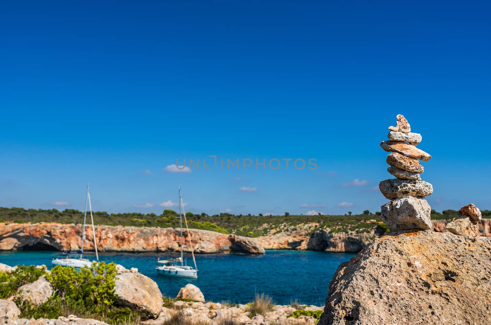 Stone stack at the coast of Majorca island, Spain Mediterranean Sea