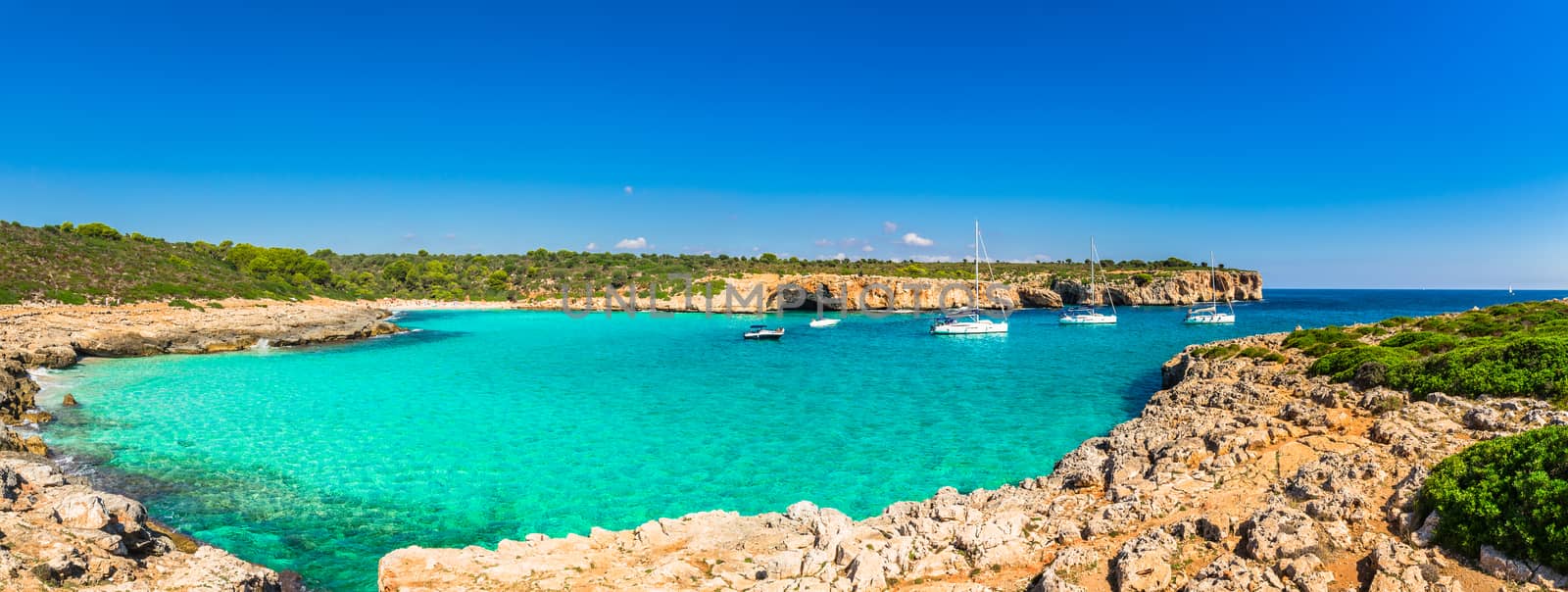 Panorama view of Cala Varques, picturesque bay beach on Mallorca island, Spain Balearic Islands