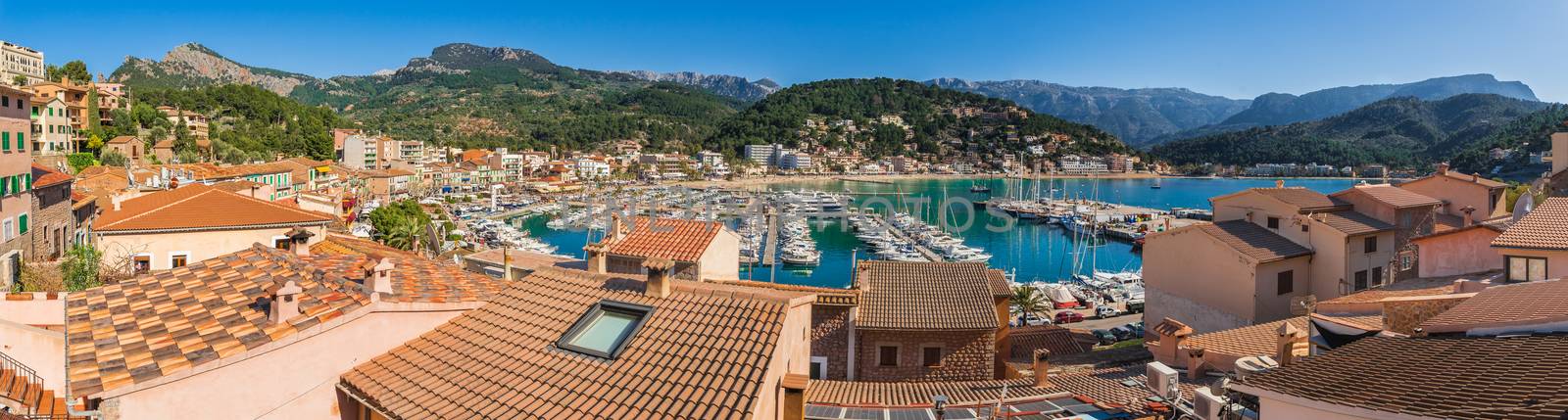 Panorama view of Puerto de Soller, idyllic marina harbor on Majorca, Spain Mediterranean Sea