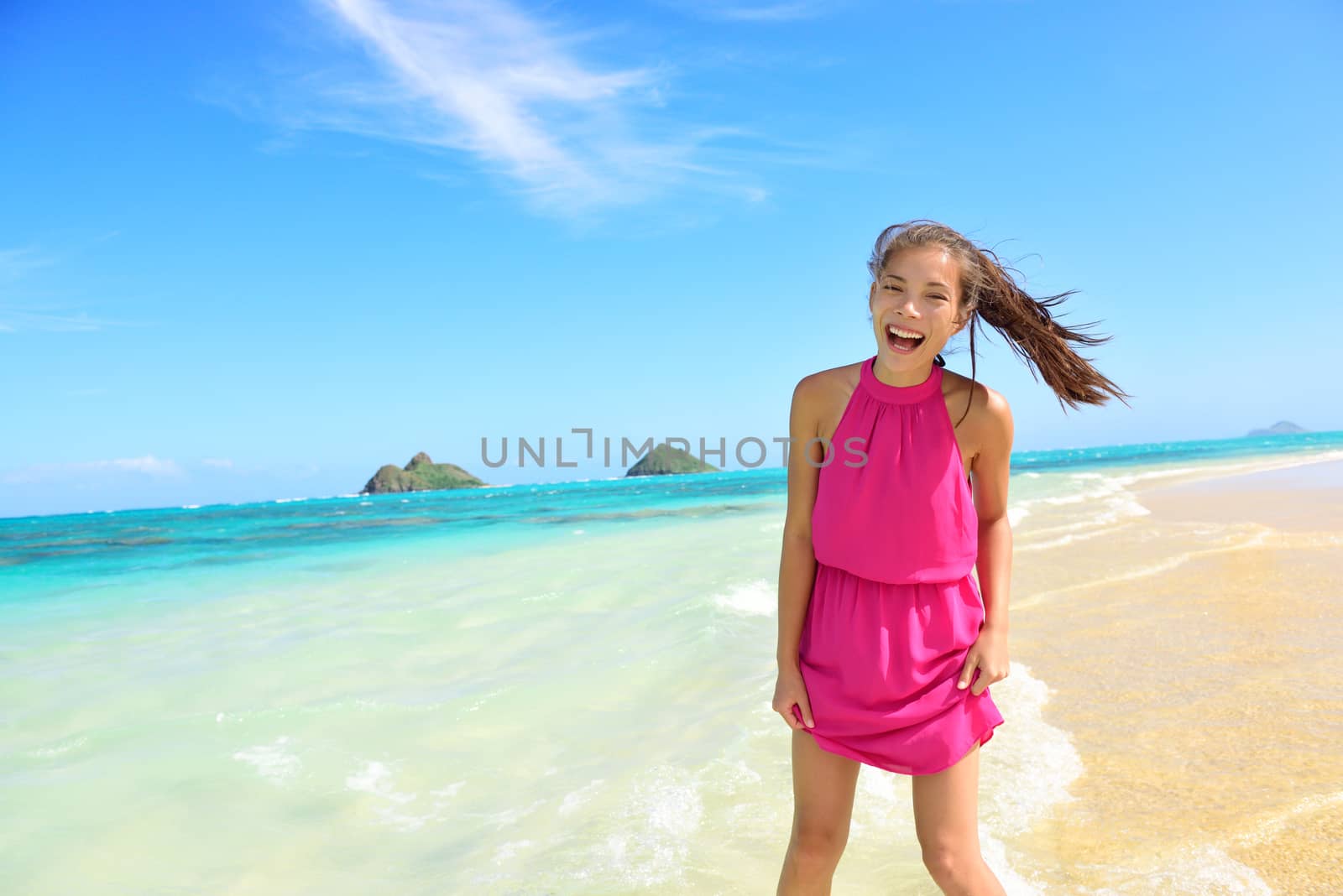 Woman having fun portrait on Hawaii Lanikai beach by Maridav