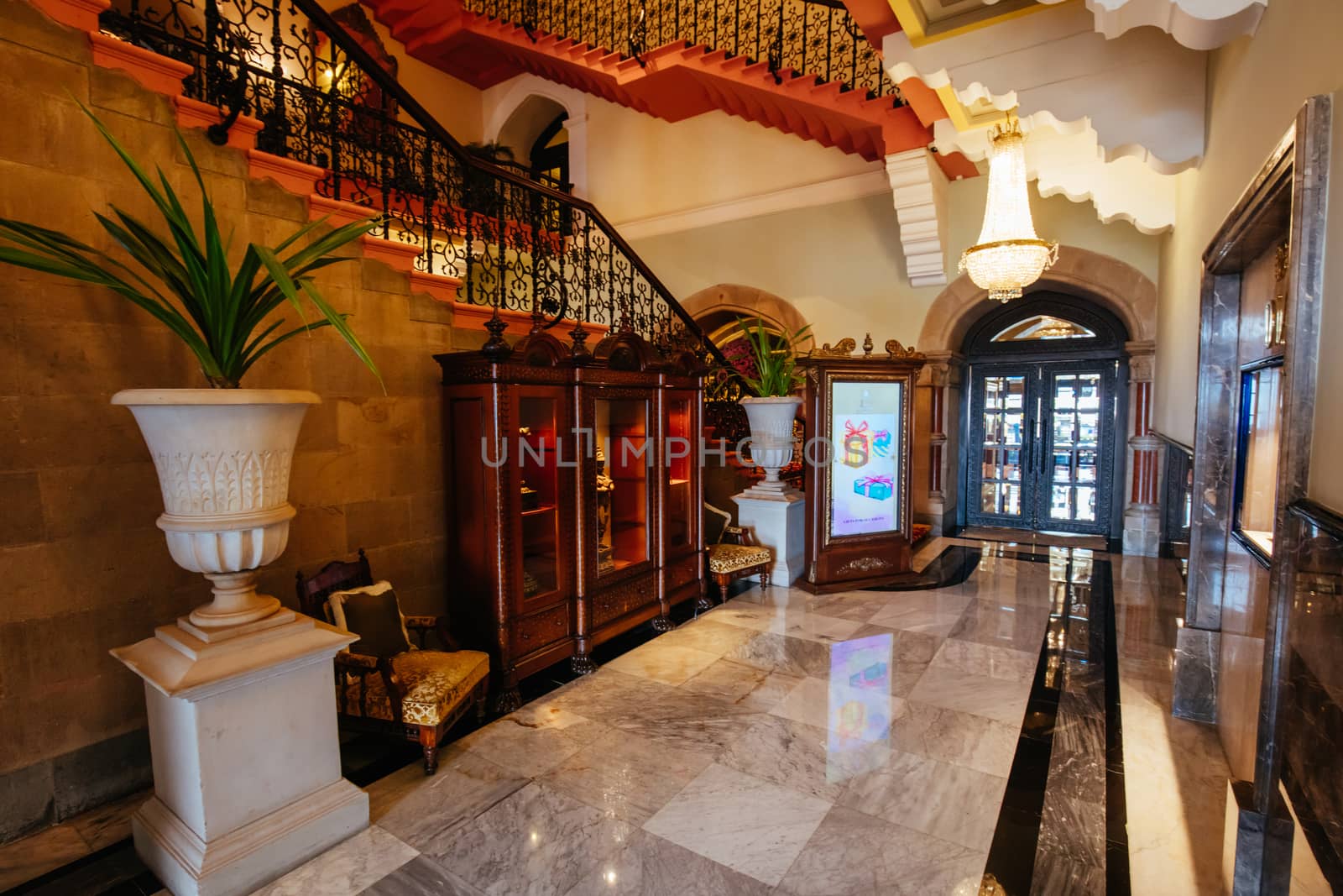 Mumbai, India - 5 August 2017: The opulent surroundings and interior of the Taj Mahal Palace in Mumbai, India