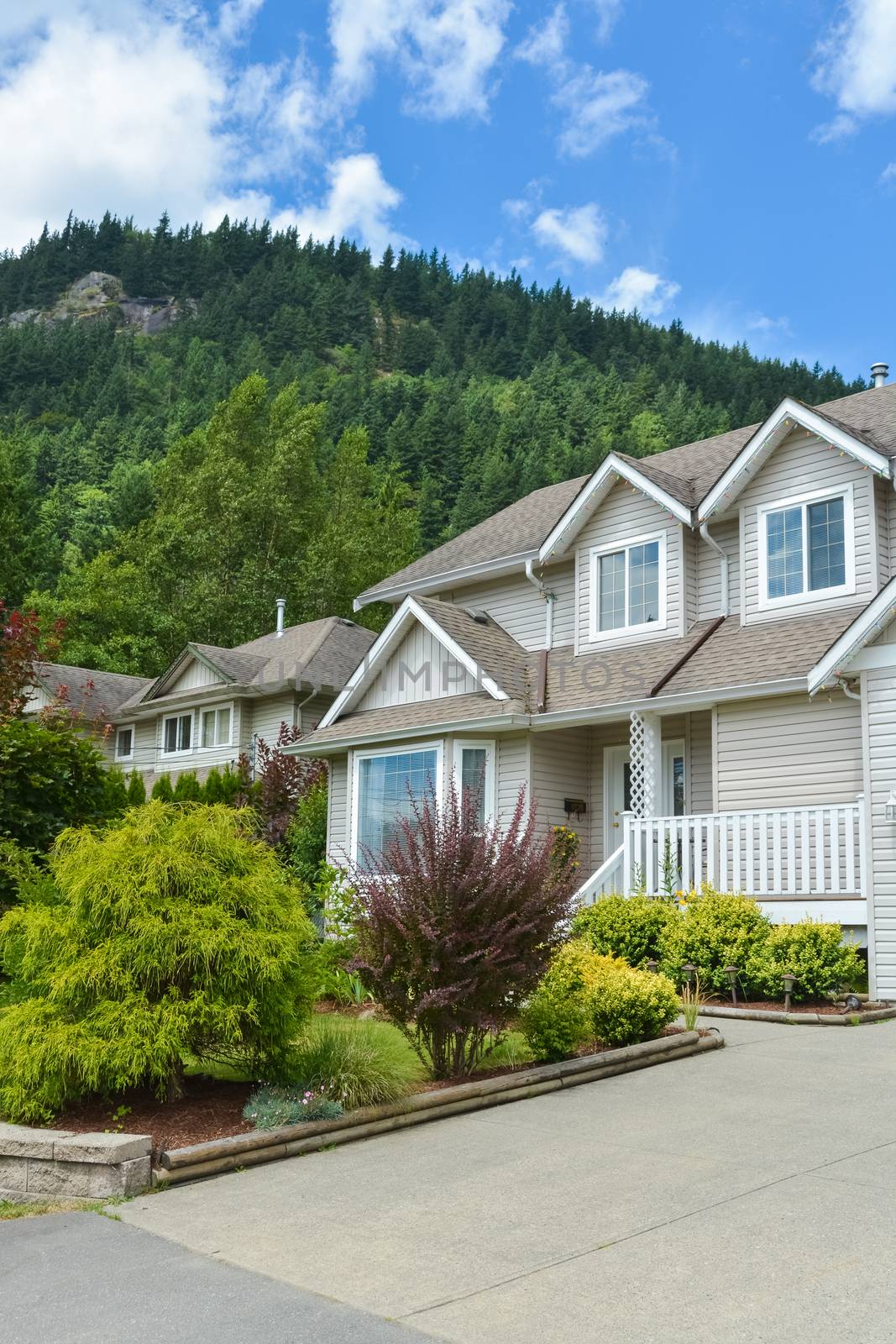 North American family house in rural area for sale. Single house with nicely landscaped front yard and white-blue sky background