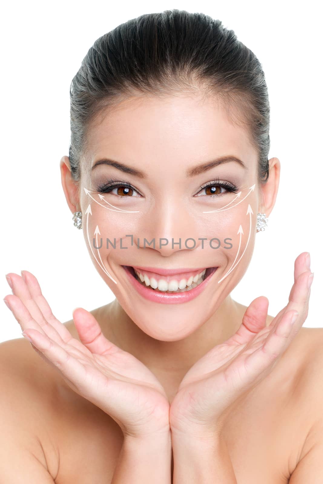 Face lift anti-aging treatment. Lifting effects of cream lotion or treatment on Asian woman smiling very happy with results. Graphic lines showing facial lifting effect on skin.