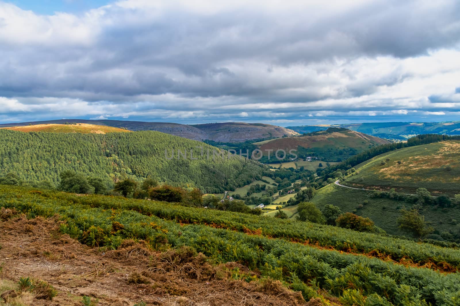 Scenic landscape view of the mountains at the Horseshoe Pass in Wales