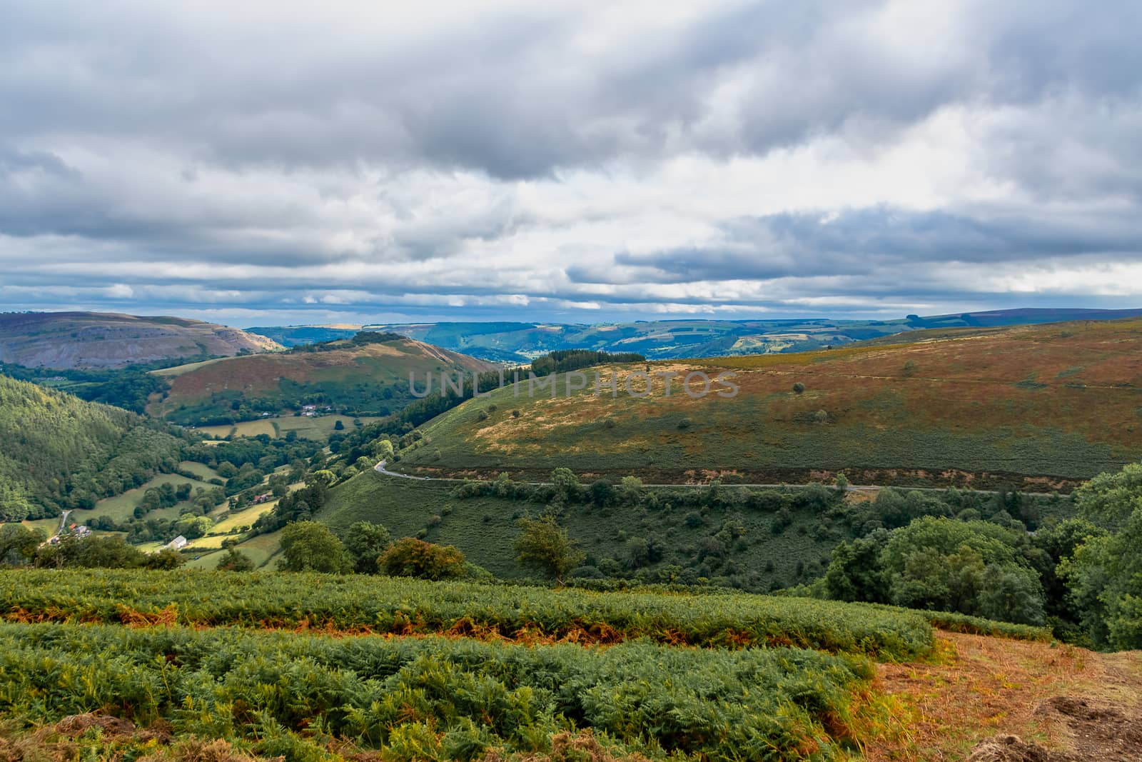 Scenic landscape view of the mountains at the Horseshoe Pass in Wales