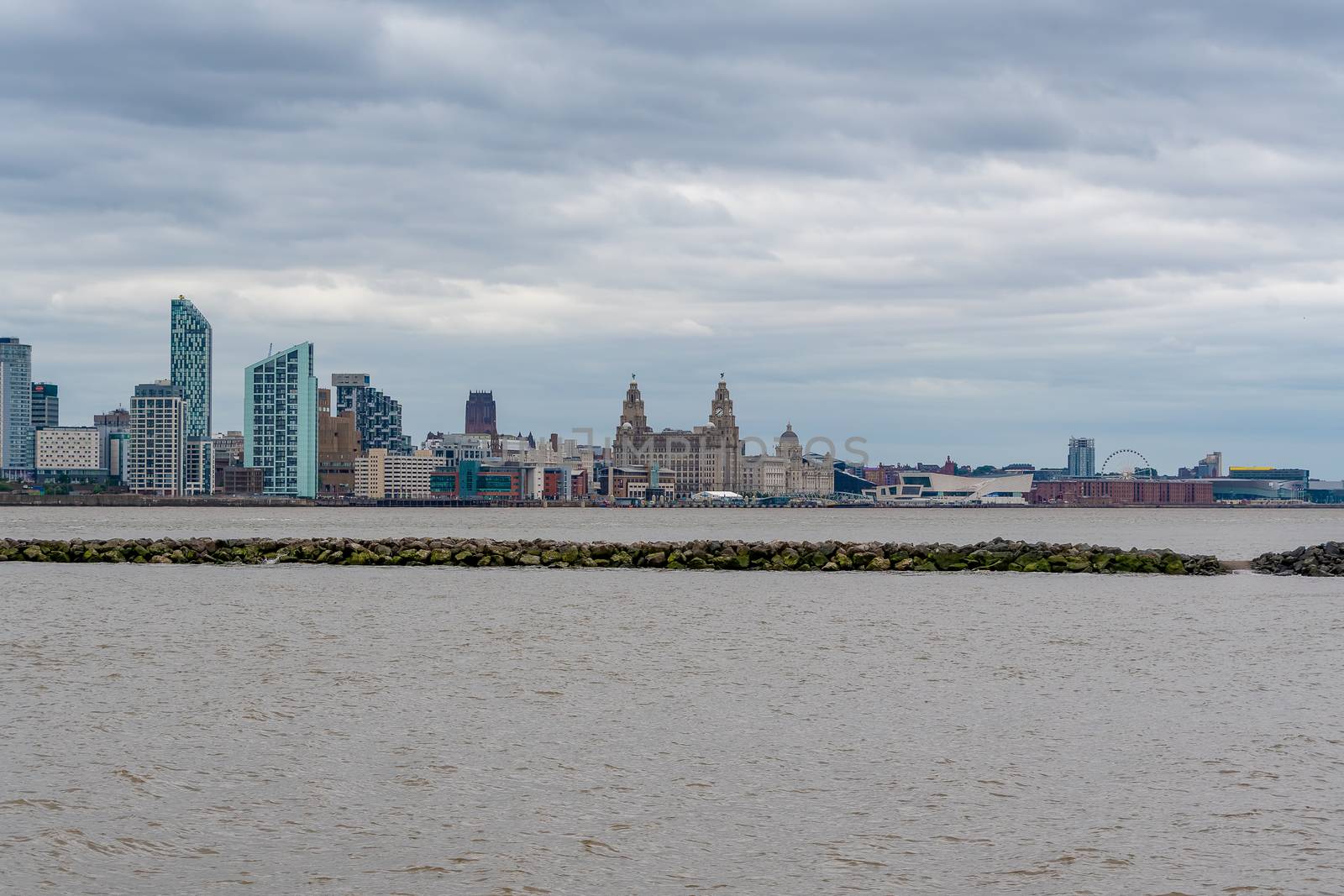 The city of Liverpool skyline in England viewed from the river Mersey