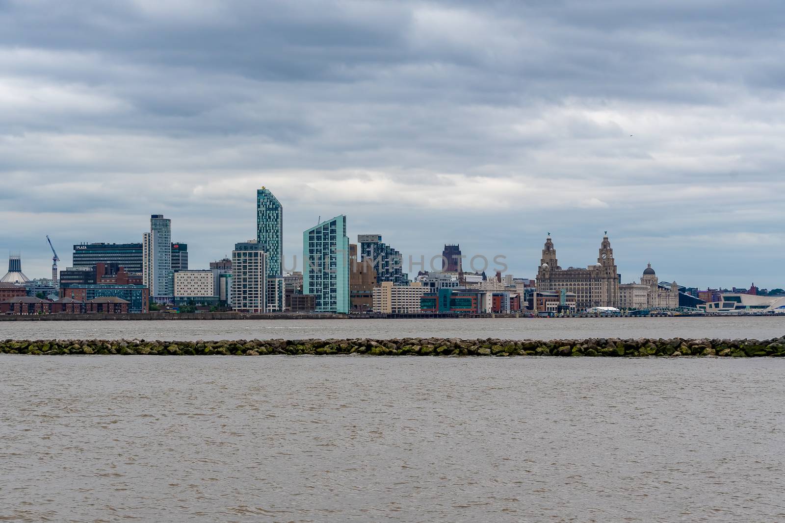 The city of Liverpool skyline in England viewed from the river Mersey