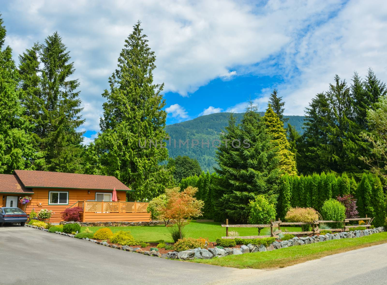 North American family house in rural area. Single house with nicely landscaped front yard and white-blue sky background