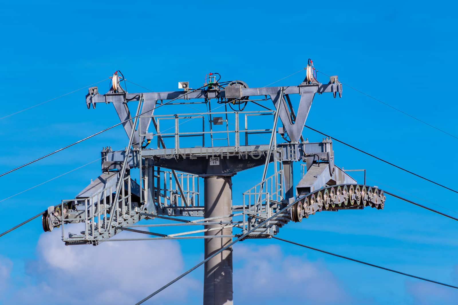 View of the pulley system of a cable car tower