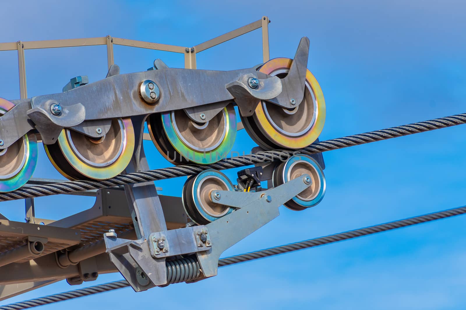 Close View of the pulley system of a cable car tower