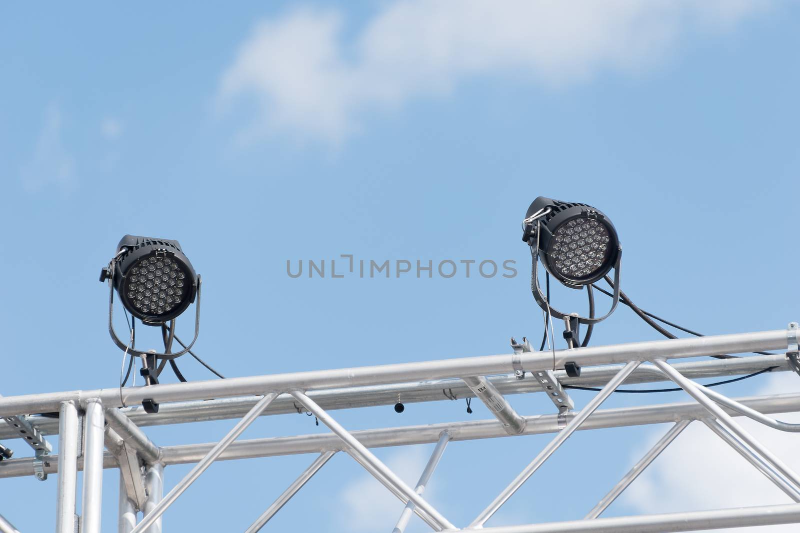 Out door stage lights attached to metal framework