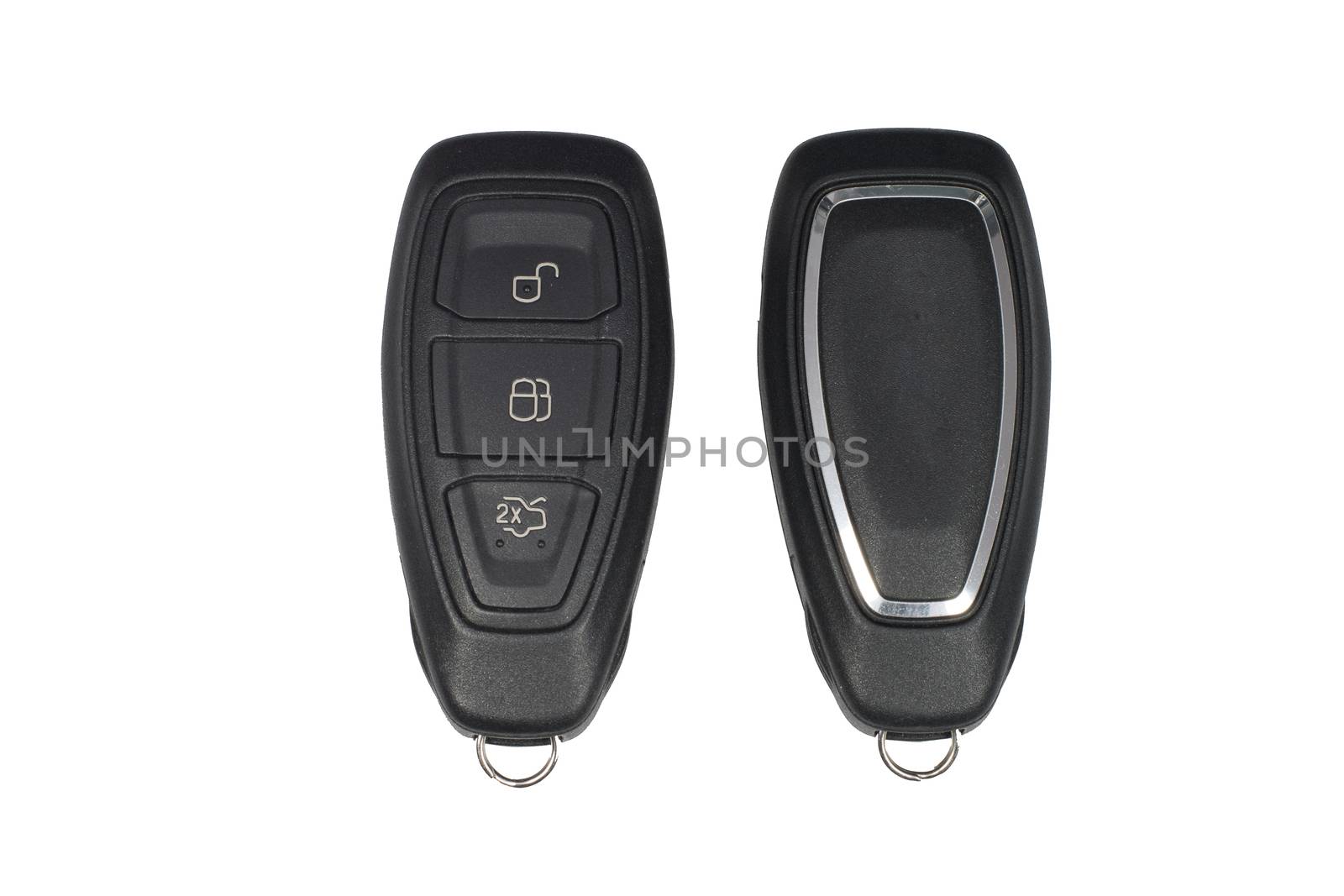 Keyless car key fob showing front and back