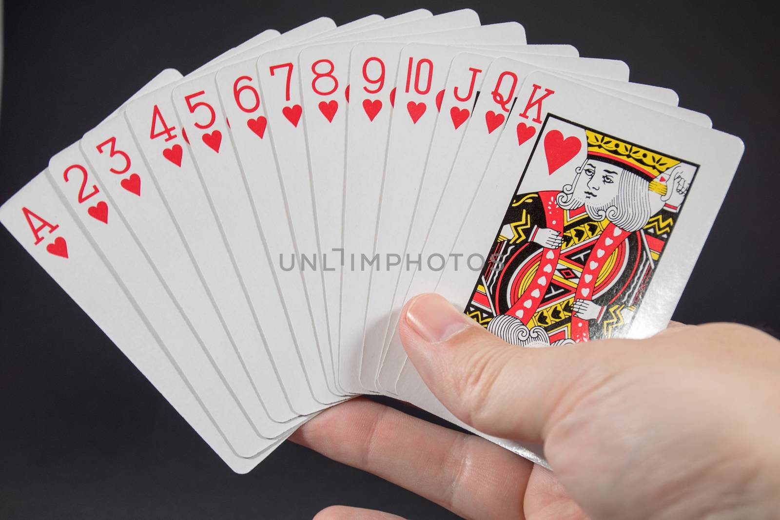 A hand holding the suit of Hearts from playing cards