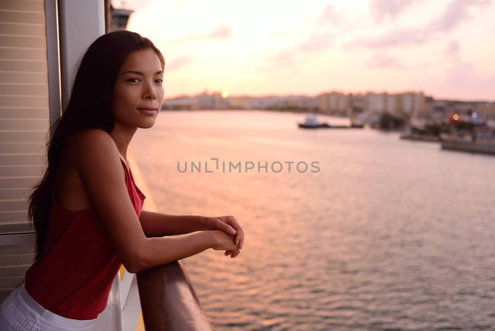 Cruise ship vacation woman enjoying balcony at sea by Maridav