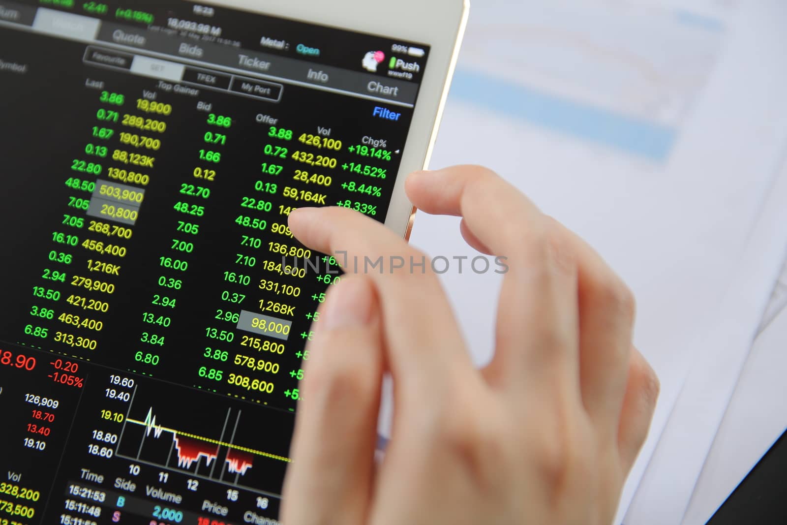 Woman hand Trading online on tablet with business paper and coffee