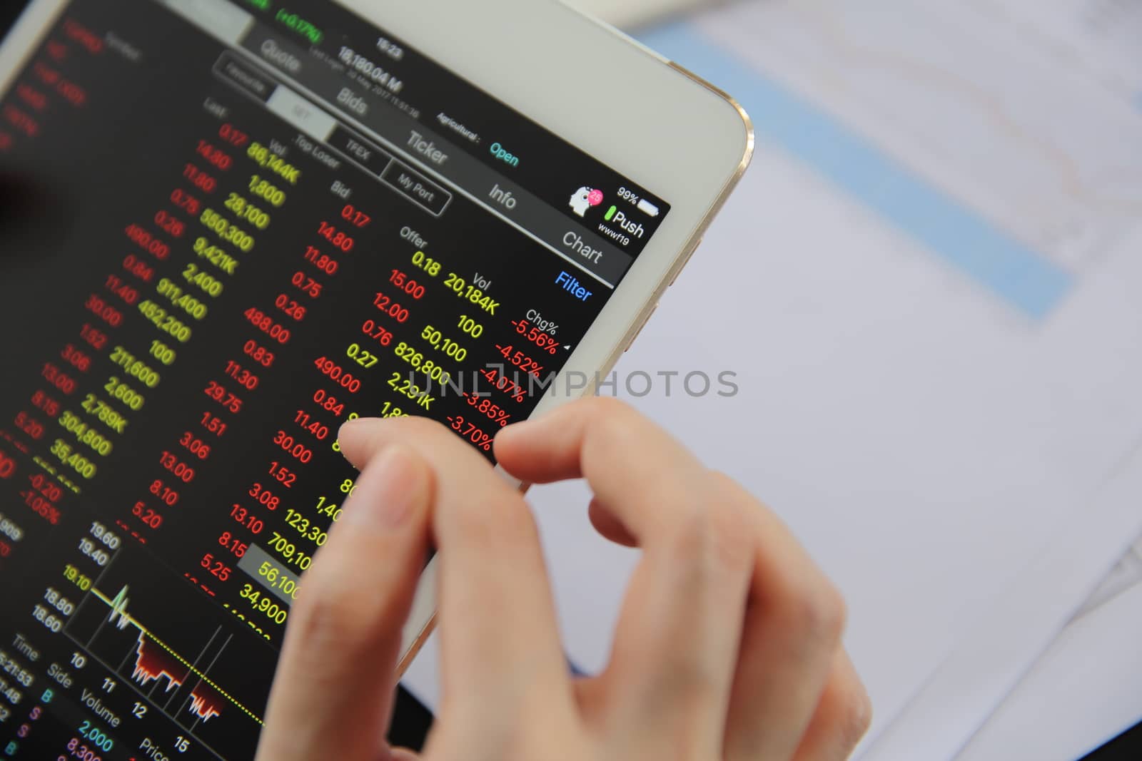 Woman hand Trading online on tablet with business paper and coffee