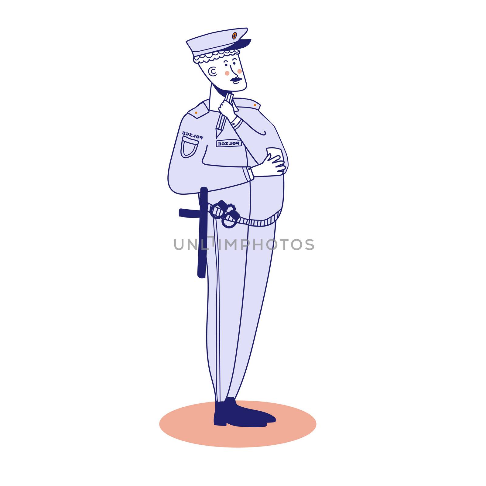 Caucasian traffic policeman in blue uniform writing a fine bill. Young traffic policeman writing a penalty. Concept of traffic security. illustration, blue line, in cute cartoon style.