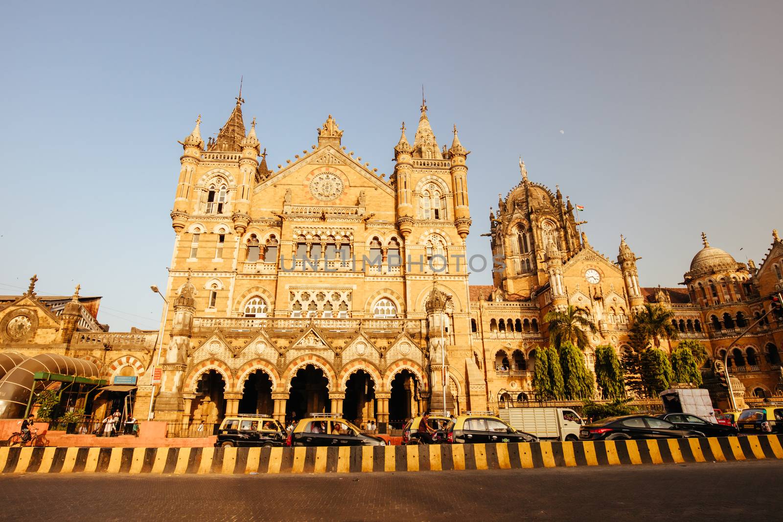 MUMBAI, INDIA - November 9 2017: Chhatrapati Shivaji Terminus railway station on a clear autumn evening.