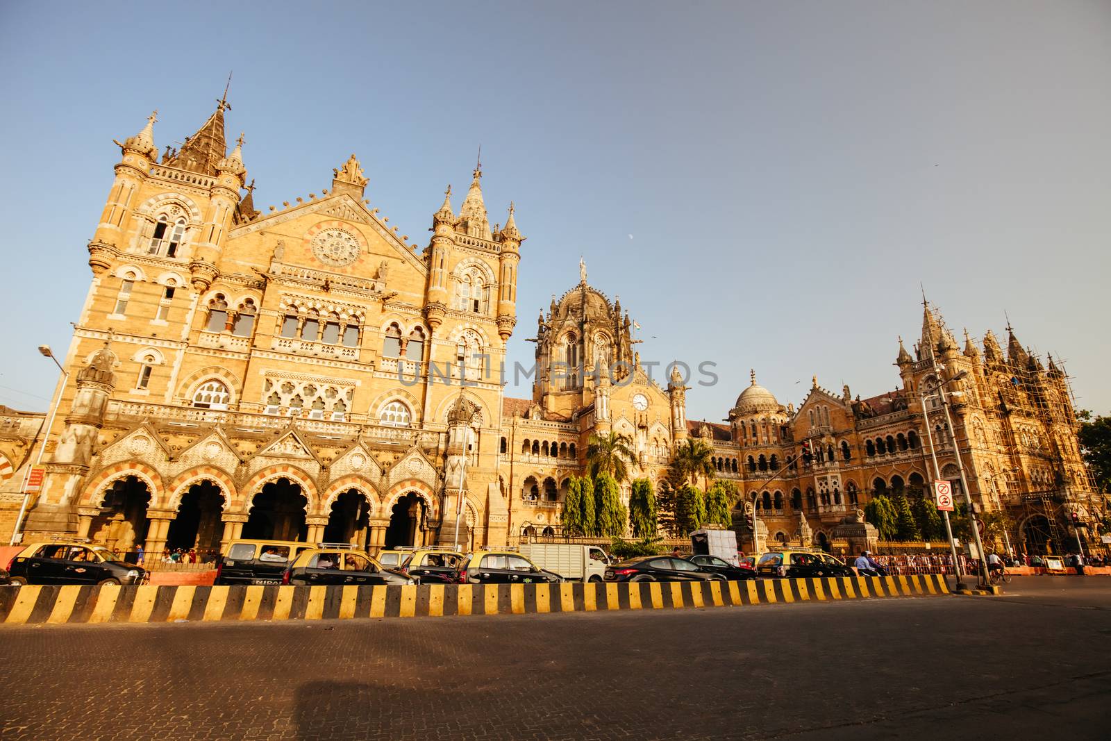 MUMBAI, INDIA - November 9 2017: Chhatrapati Shivaji Terminus railway station on a clear autumn evening.