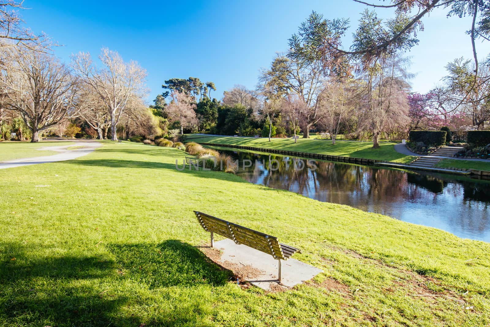 Landscape around the River Avon in Christchurch on a warm spring day in New Zealand