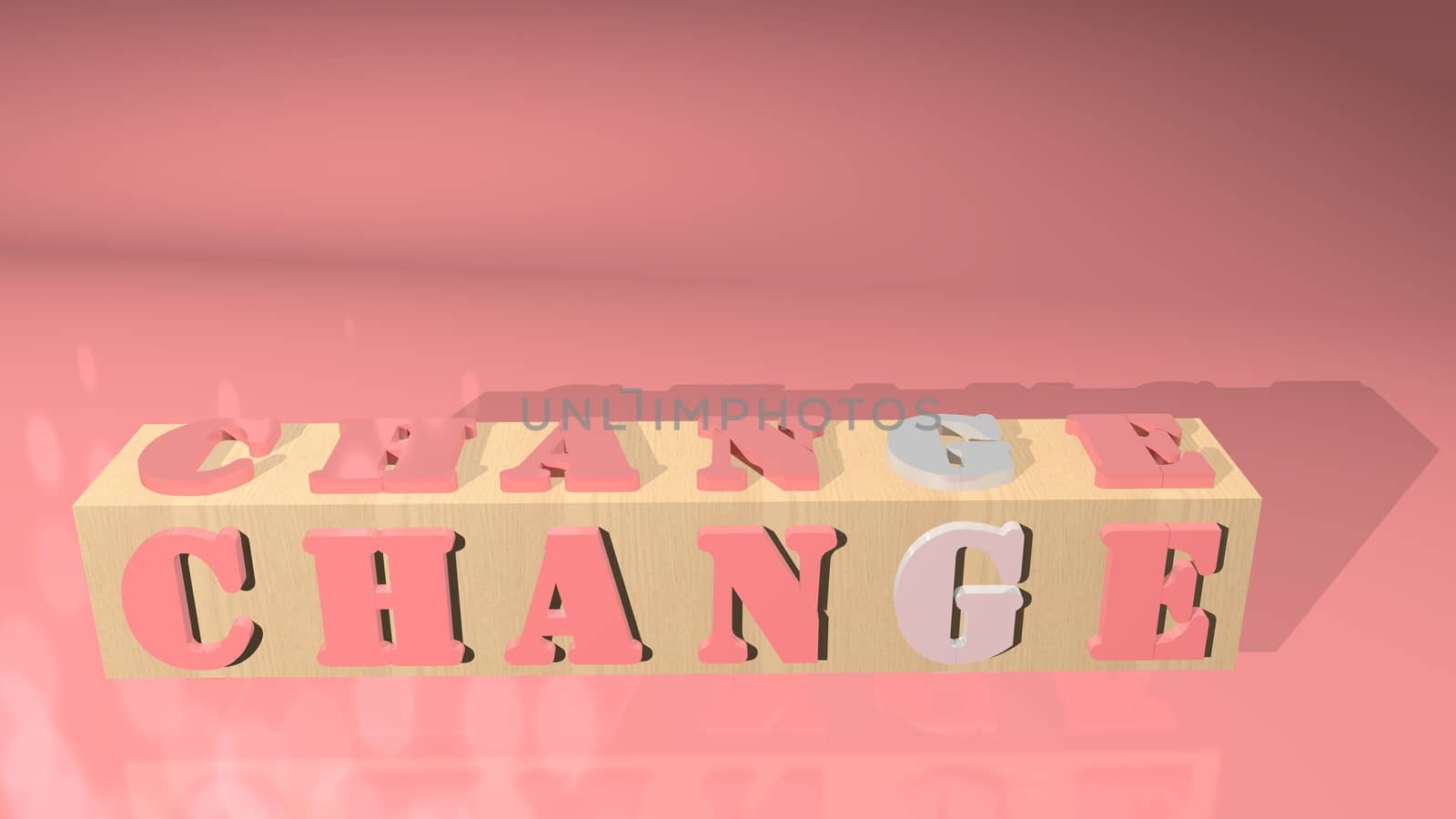 Letter change with 3D shapes on a beautiful background. 3D rendered golden letter change on a wooden square block with a pink floor background.