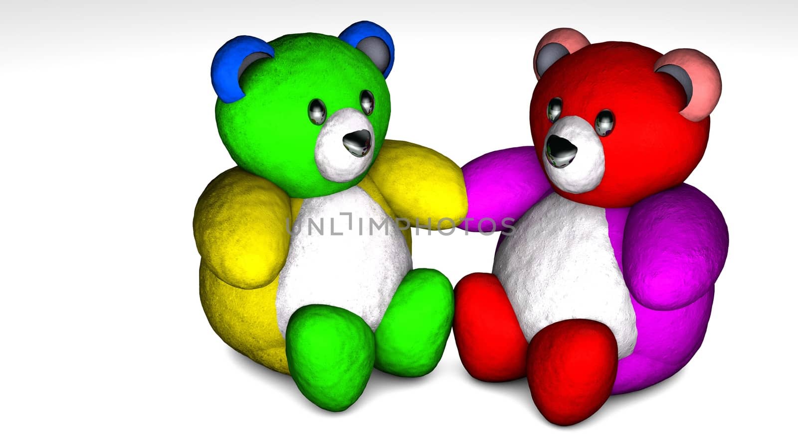 Cute baby teddy bear on beautiful background. 3D rendered colorful teddy bear sitting on floor against grey background