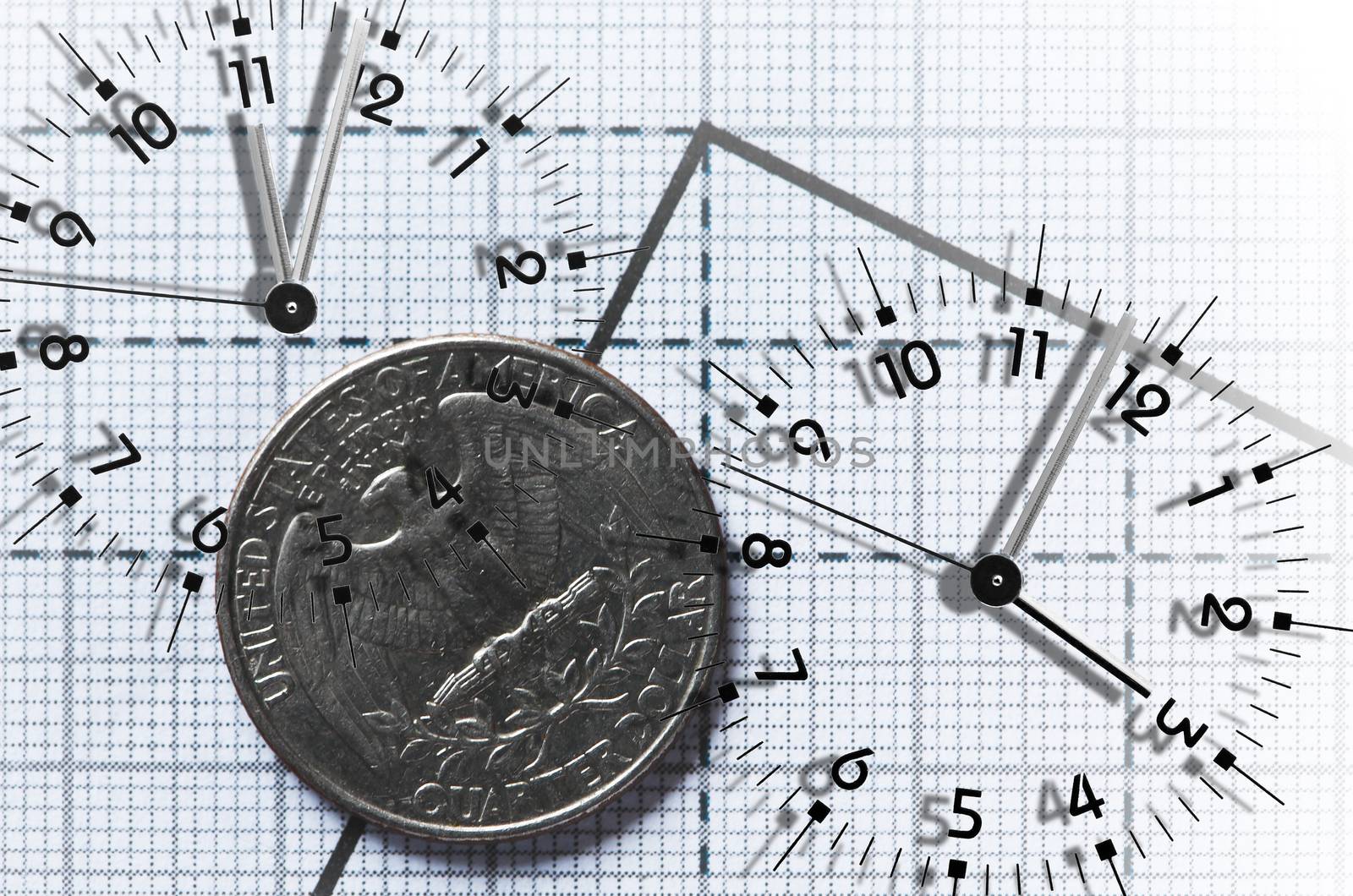 Time is money concept. USA coin on paper with chart and clock faces