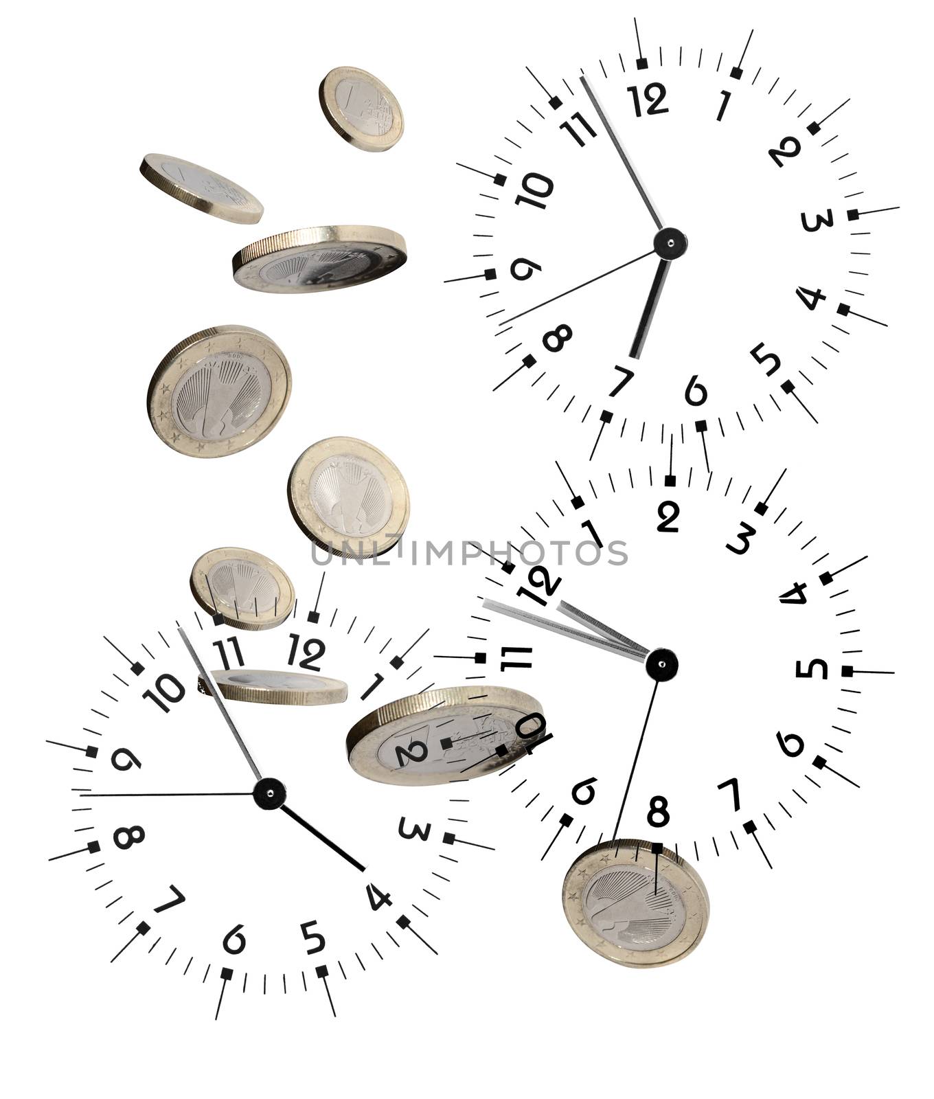 Time is money concept. Euro coins flying between clock faces on white background