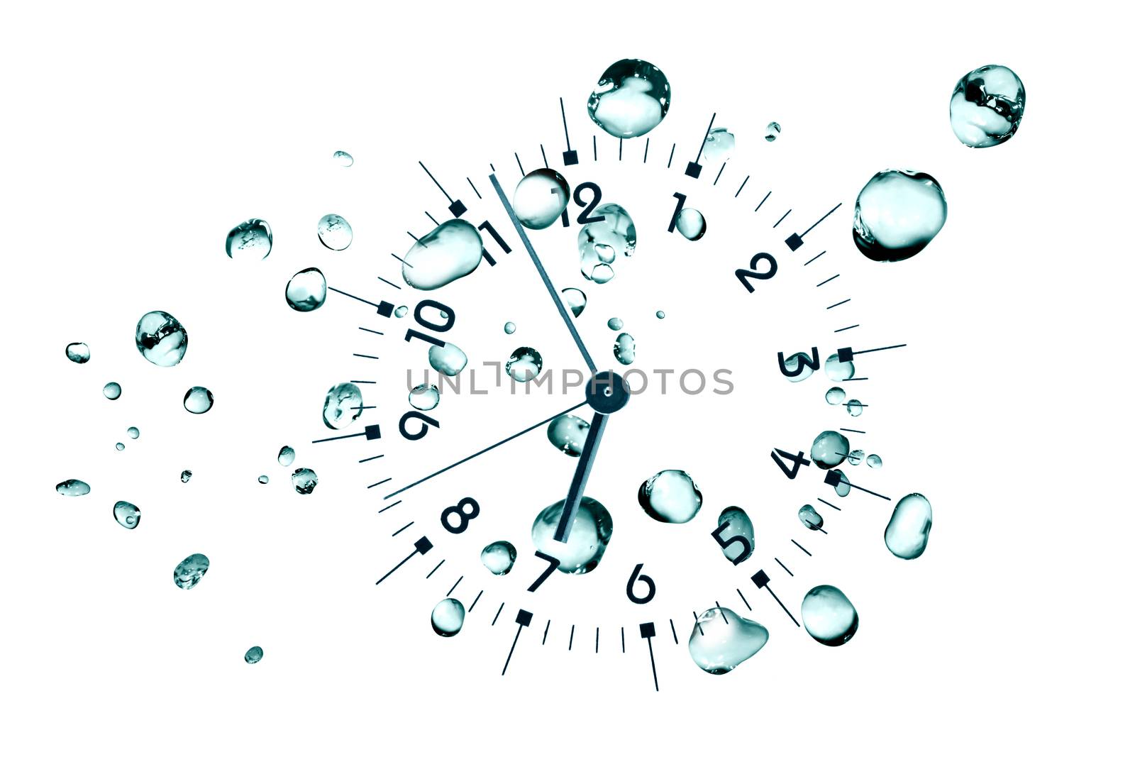 Clock face on background with lot of water drops