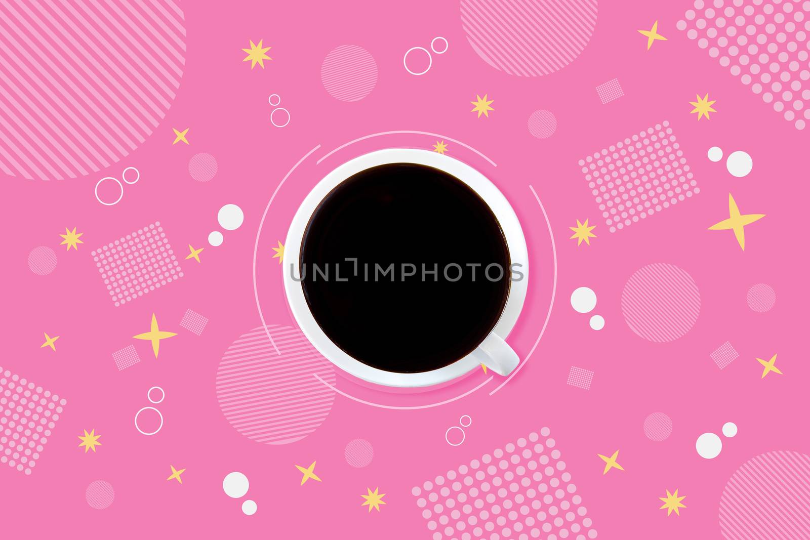 Top view White ceramic cup of black coffee on cute pink background, yellow star, square dots and straight-line circle . Kawaii backdrop. 