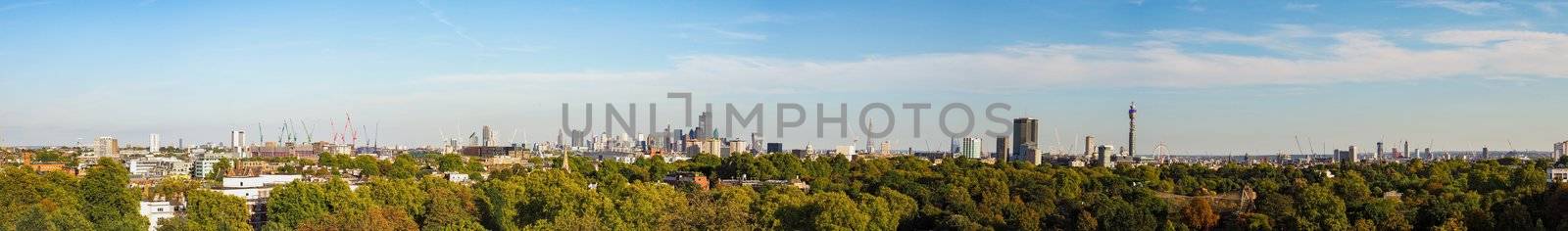 LONDON - CIRCA SEPTEMBER 2019: Wide panoramic view of London skyline seen from Primrose Hill, high resolution