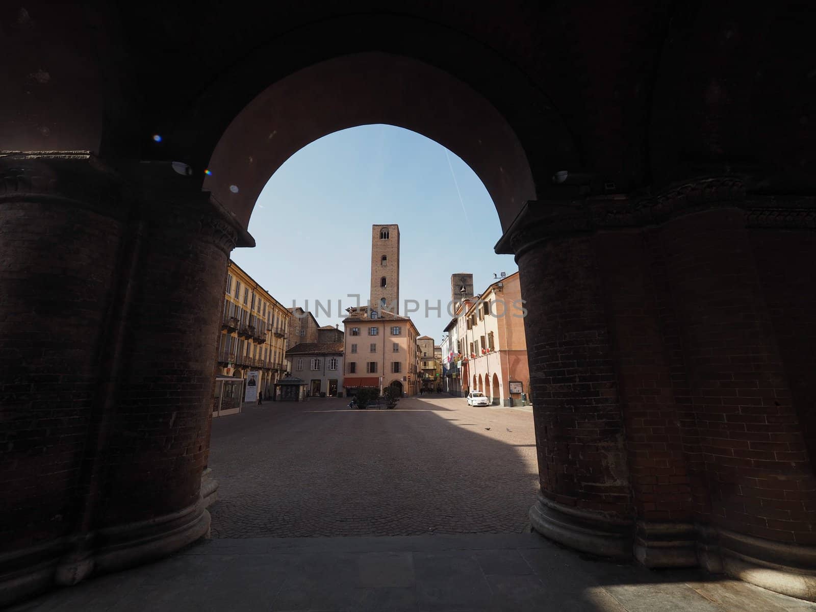 ALBA, ITALY - CIRCA FEBRUARY 2019: Colonnade portico in the old city centre