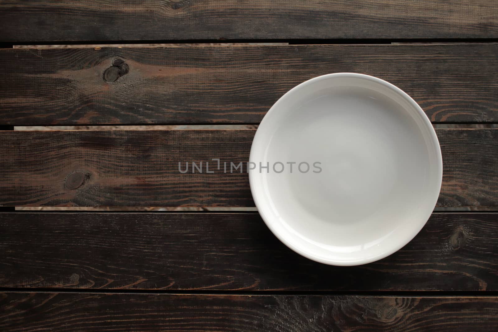 Empty white plate on a wooden loft table by selinsmo