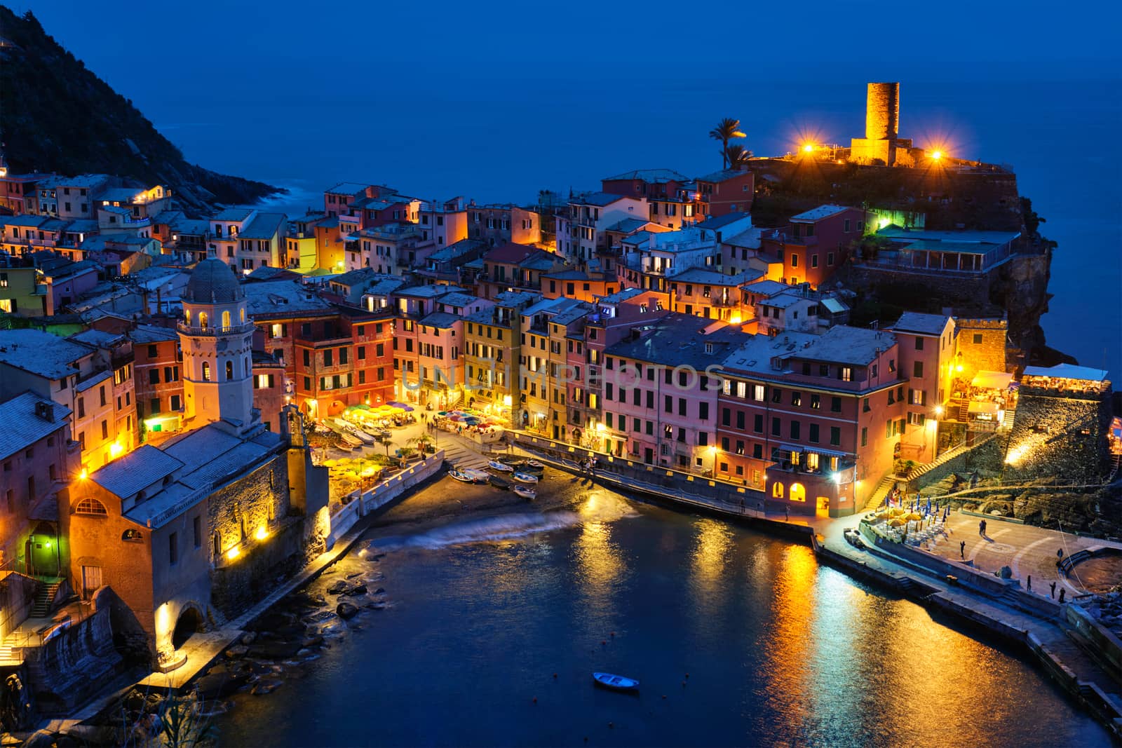Vernazza village illuminated in the night, Cinque Terre, Liguria, Italy by dimol