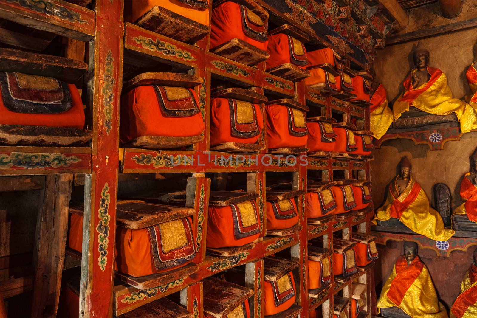 Folios of old manuscripts in library of Thiksey Monastery. Ladakh, India by dimol