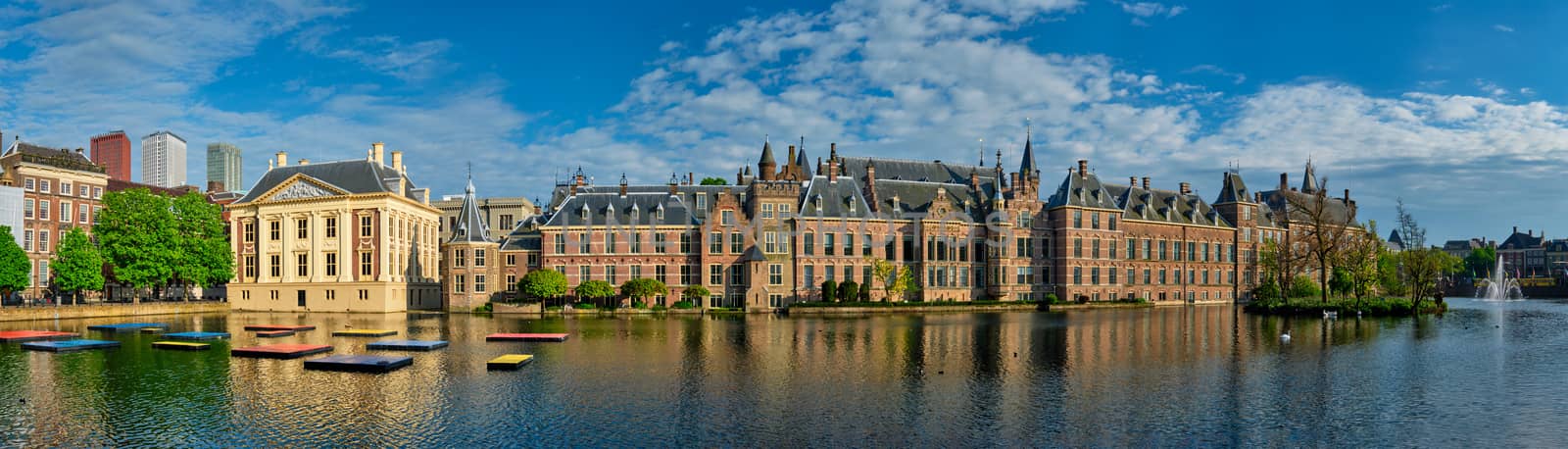 Panorama of the Binnenhof House of Parliament and Mauritshuis museum and the Hofvijver lake. The Hague, Netherlands