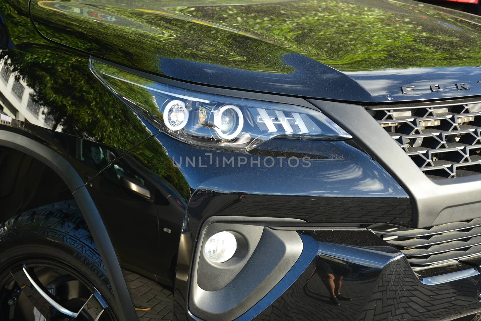 PASAY, PH - DEC 8 - Toyota fortuner suv headlight at Bumper to Bumper car show on December 8, 2018 in Pasay, Philippines.