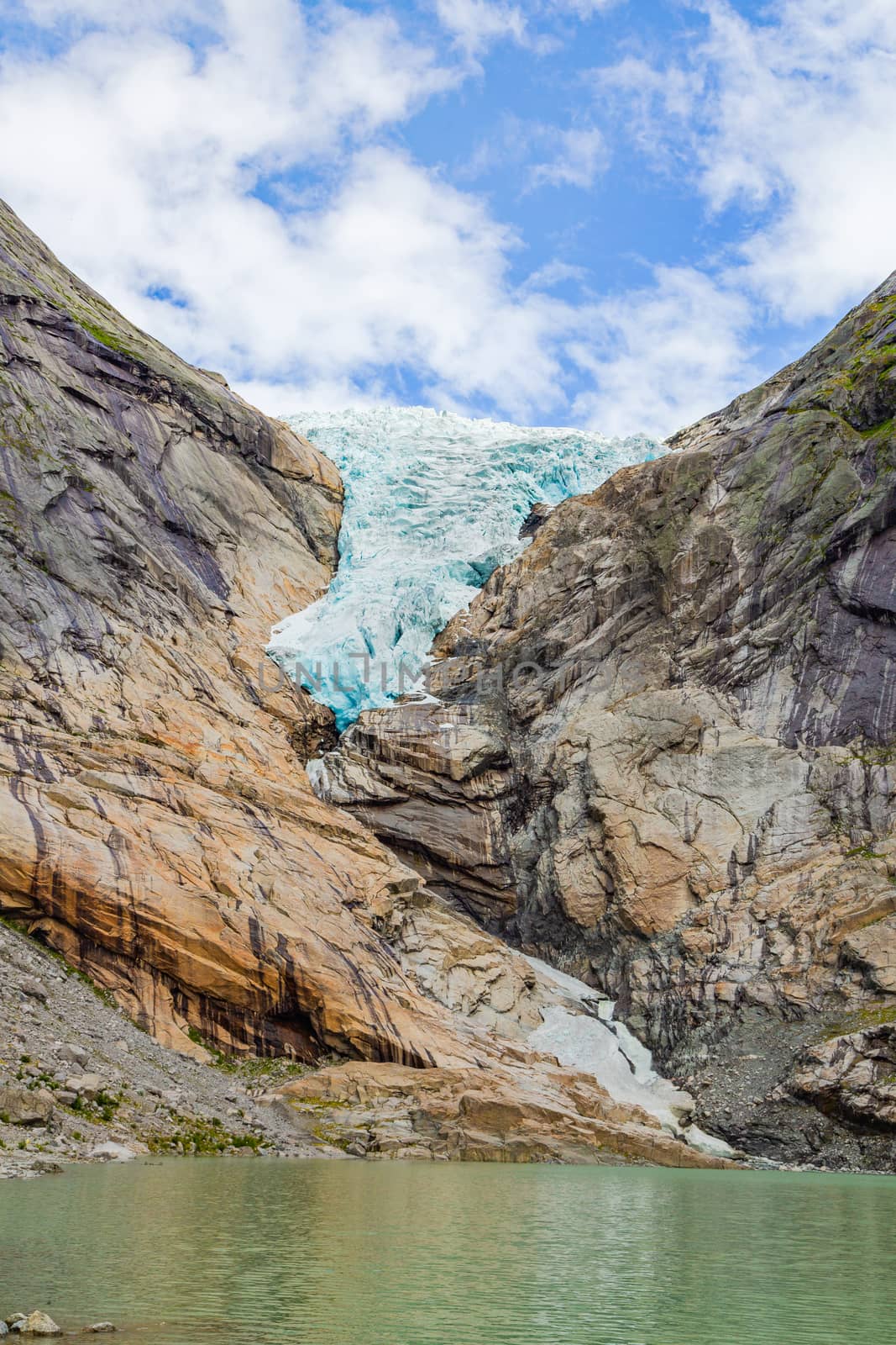 View from glacier Briksdalsbreen one of the most accessible and best known arms of Jostedalsbreen glacier. Norway glacier in Jostedalsbreen National Park. Briksdalsbreen glacier in Briksdalen valley.