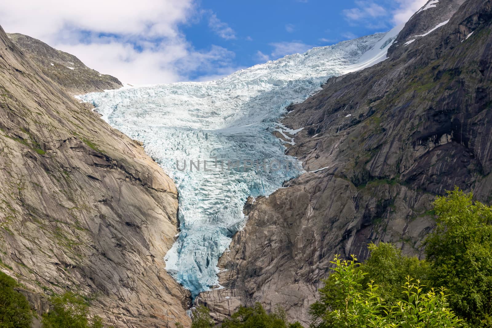 View from glacier Briksdalsbreen one of the most accessible and best known arms of Jostedalsbreen glacier. Norway glacier in Jostedalsbreen National Park. Briksdalsbreen glacier in Briksdalen valley.