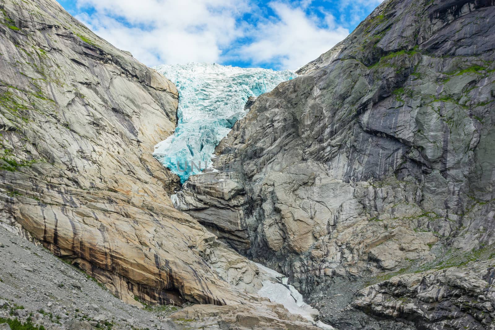 View from glacier Briksdalsbreen one of the most accessible and best known arms of Jostedalsbreen glacier. Norway glacier in Jostedalsbreen National Park. Briksdalsbreen glacier in Briksdalen valley.