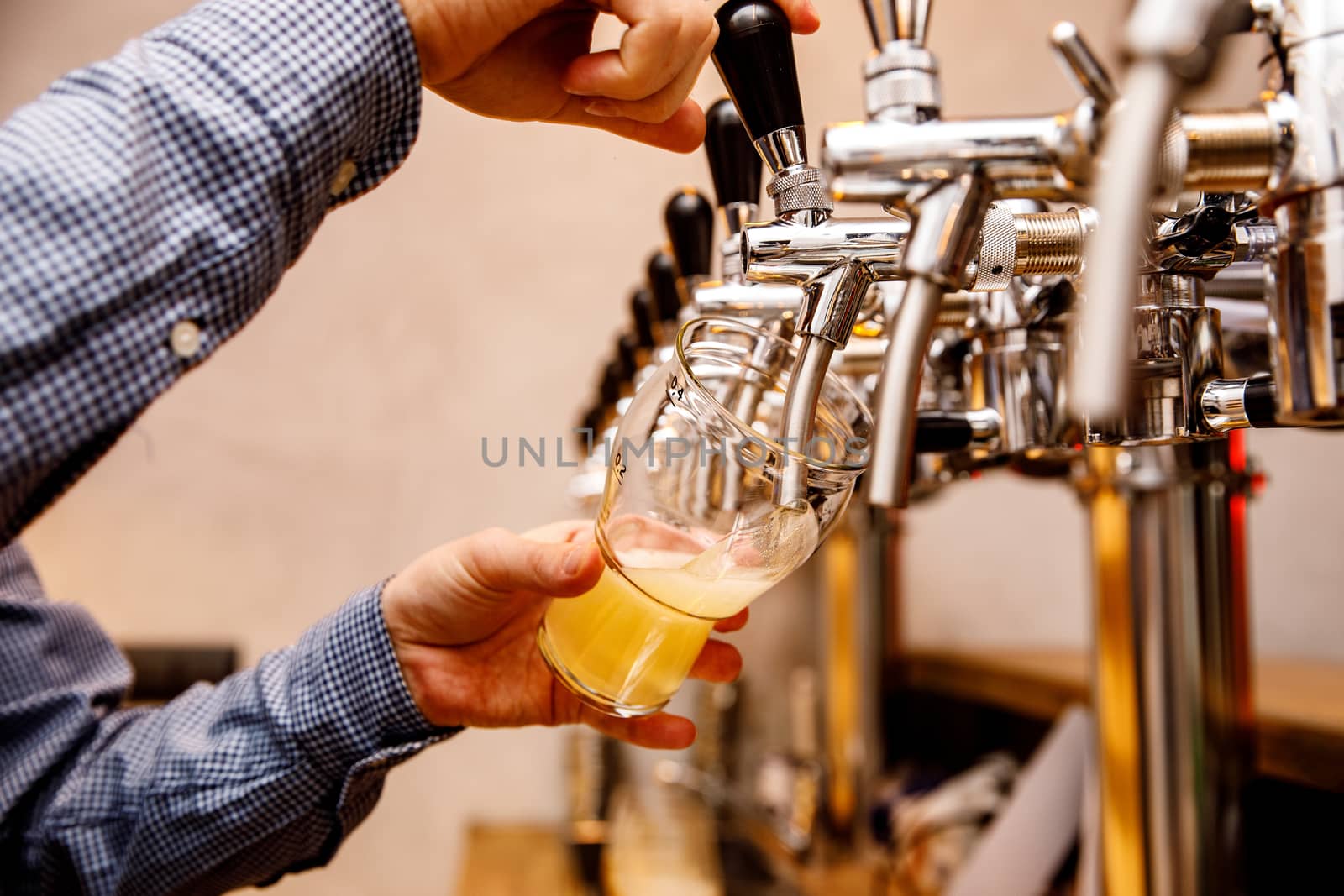 The bartender pours fresh light beer from the tap in the pub. by 9parusnikov