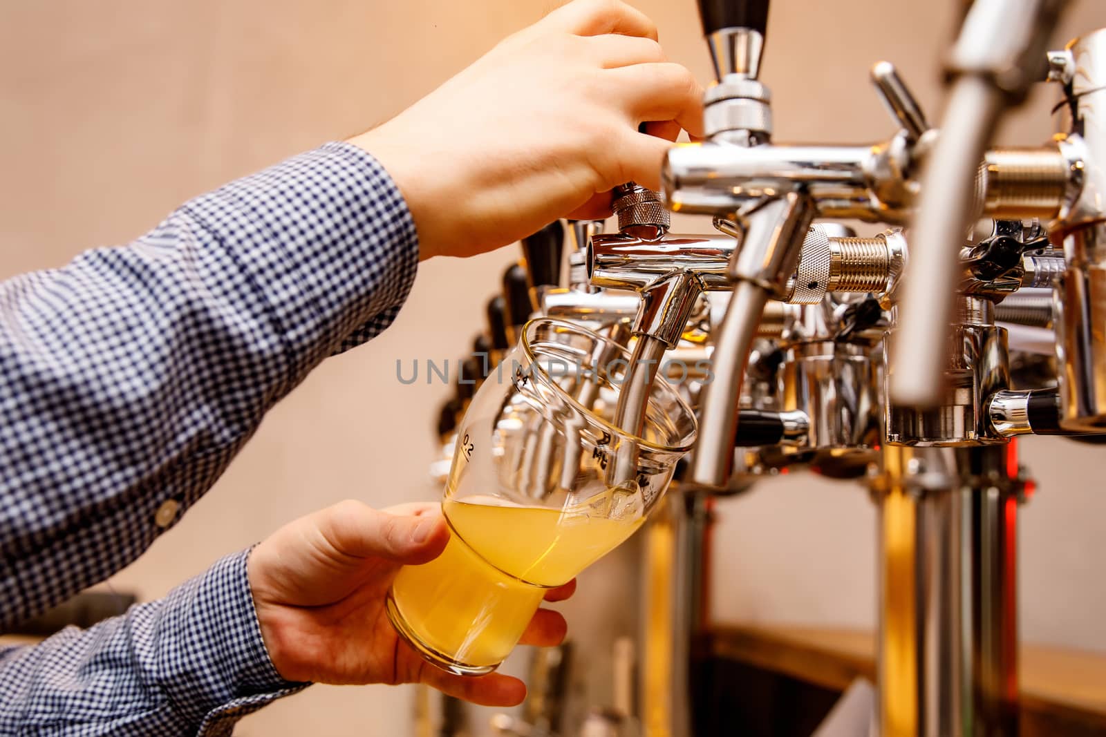 The bartender pours fresh light beer from the tap in the pub. by 9parusnikov