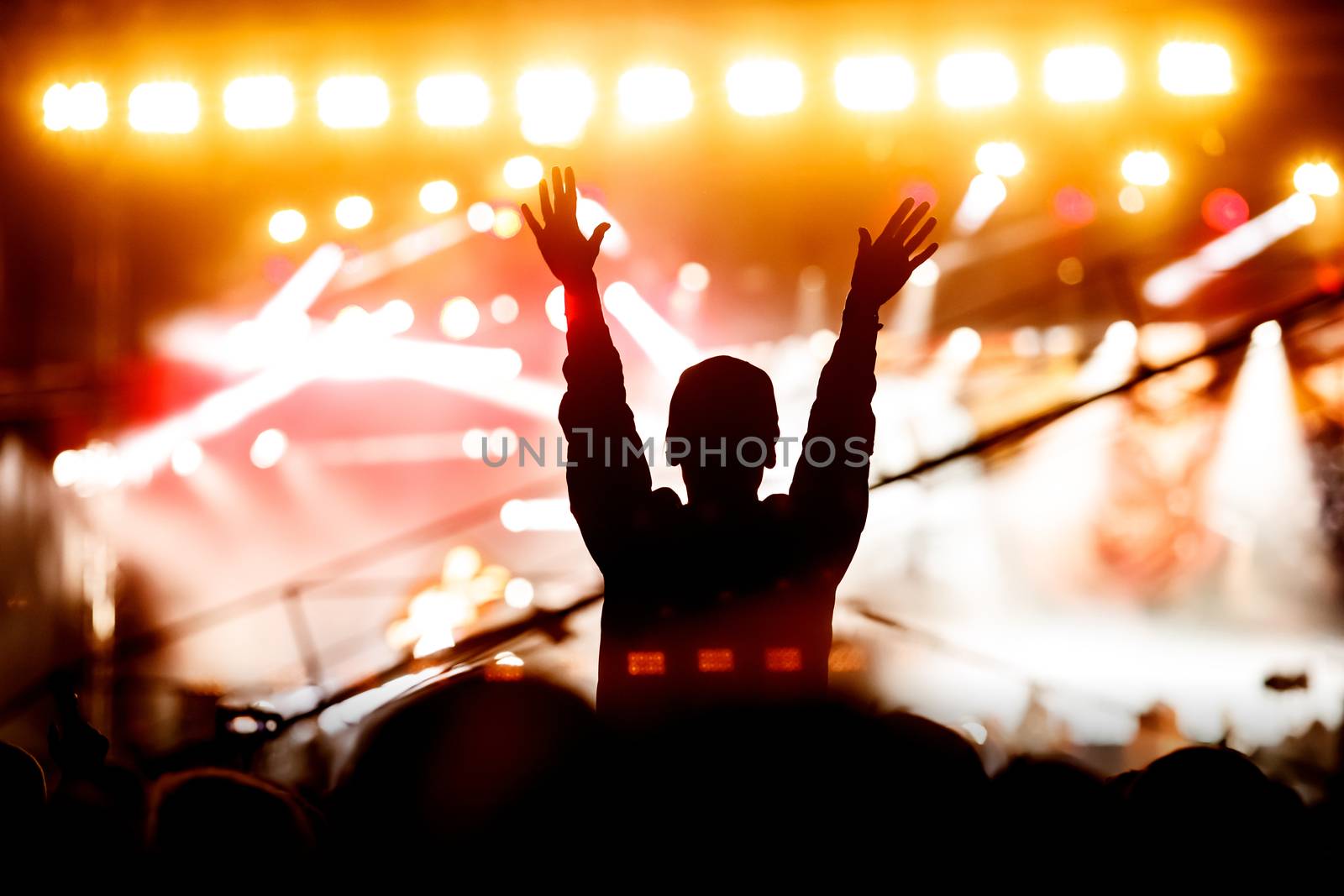 Raised hands in honor of a musical show on stage, People in the hall