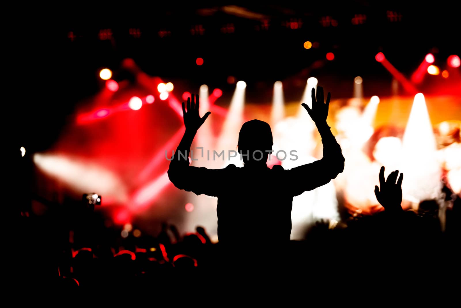 Rock concert, silhouettes of happy people raising up hands