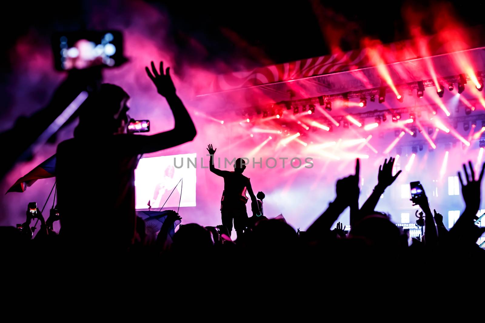 Raised hands in honor of an artist on stage, A lot of people in the hall