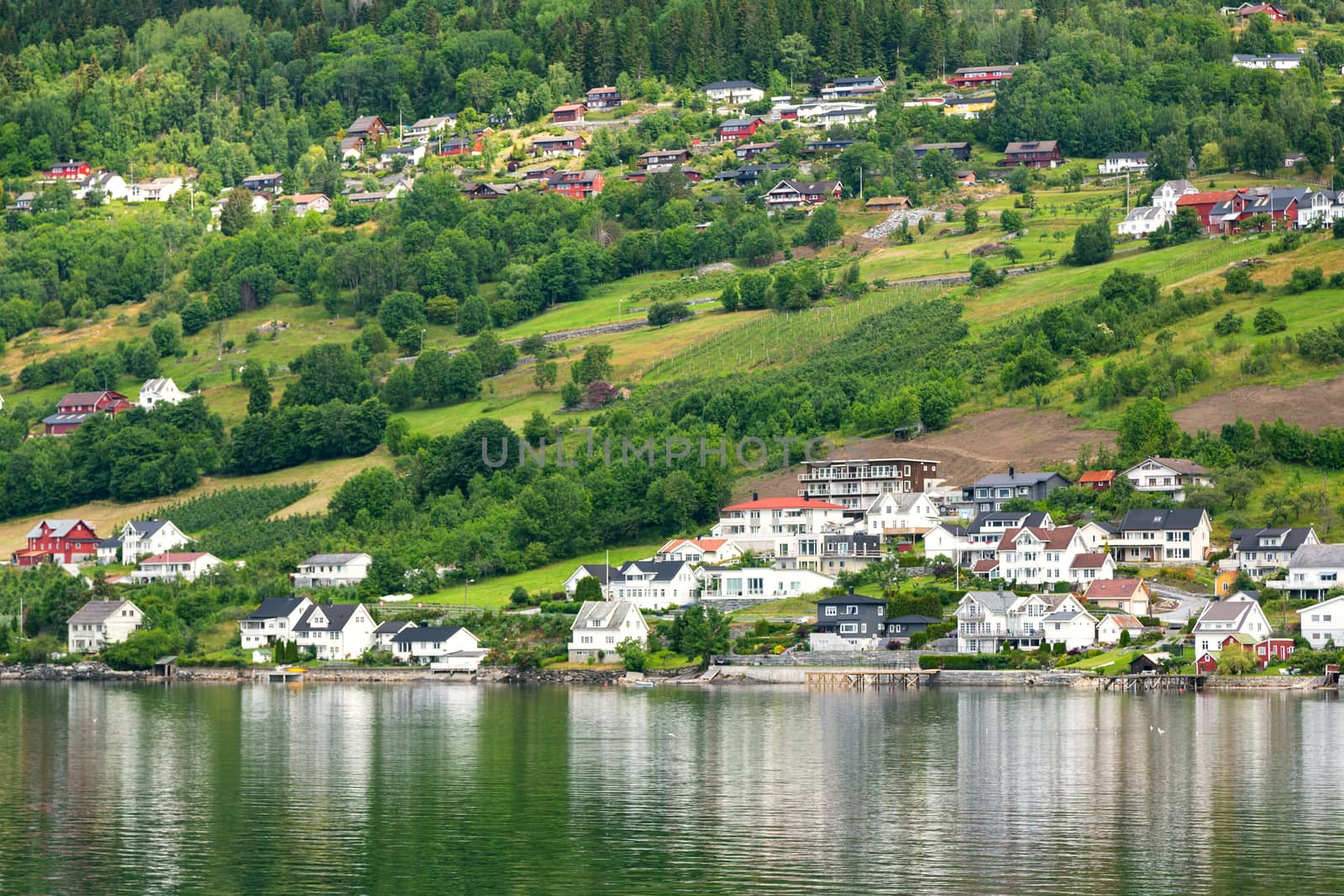 Village is located on the green slopes near lake. Scenic summer view of cottage houses in mountain village near lake, Norway. Tourism holidays and travel.